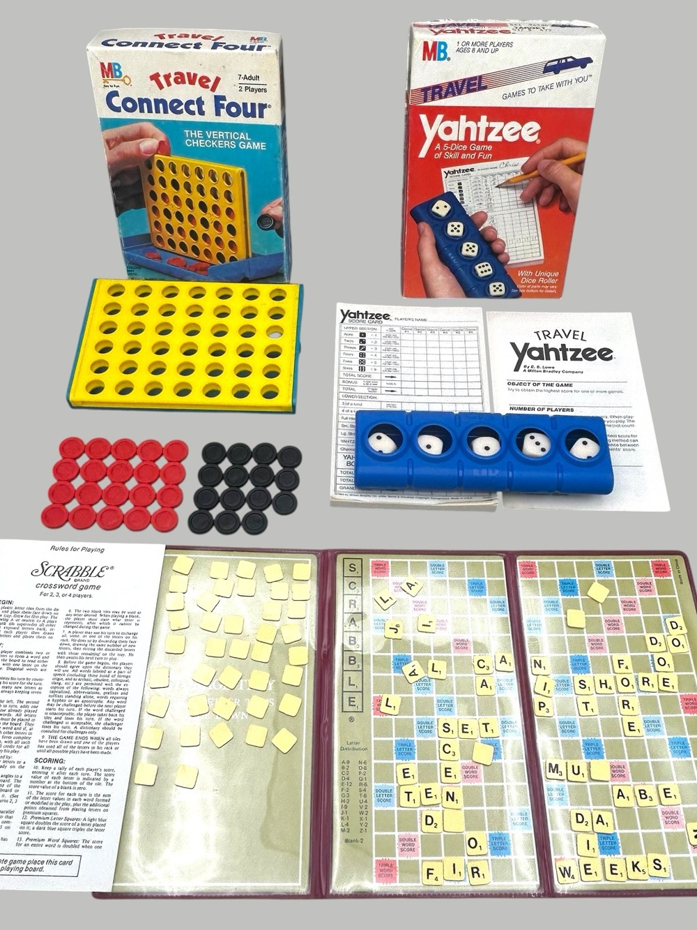 Vintage Travel Games Scrabble Connect Four & Yahtzee Kids Car Ride Activities